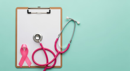 Pink stethoscope and clipboard with blank paper and breast cancer awareness ribbon on pastel background promoting regular health checkups