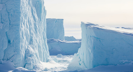 massive blue ice cliffs rising above frozen landscape under soft winter daylight in remote polar wilderness