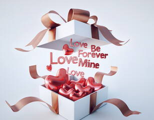 Romantic 3D Valentine&rsquo;s Day Gift Box with Floating Love Letters, Pink Hearts, and Rose-Gold Ribbon in Minimal White Background