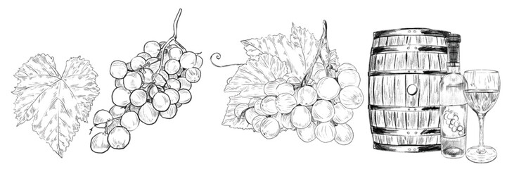 Set with wooden barrel, glass of wine and grape branch with bunches of grapes and leaves. Concept of winemaking, production and sale of wine. Graphics for wine stories, tasting, market, menu, wine lis © Margarita