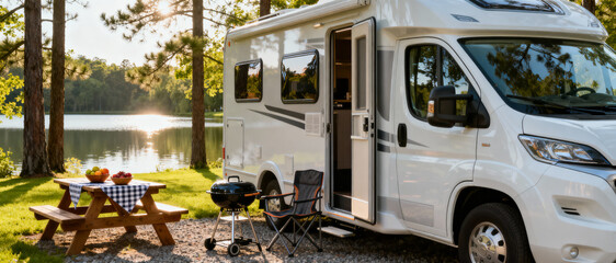 Modern camper van parked at peaceful lakeside campsite with picnic table and grill surrounded by tall pine trees at sunset