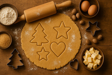 
christmas cookie dough with festive cutters flatlay
