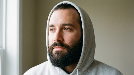 Thoughtful bearded man in gray hoodie gazing out bright window with soft natural light and neutral indoor background