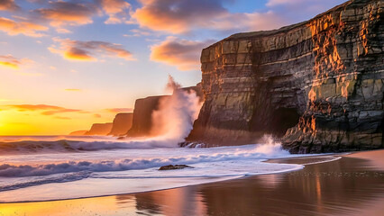 Coastal cliffs at sunset with crashing waves and golden sky