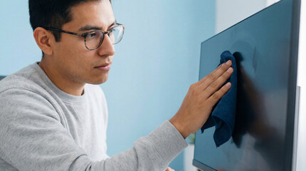 Focused young man cleaning flat screen monitor with microfiber cloth in bright home office, maintaining tidy modern workspace