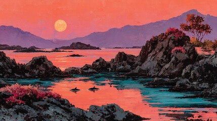 Ethereal seascape featuring dolphins, moonrise, and a tranquil reflective ocean  