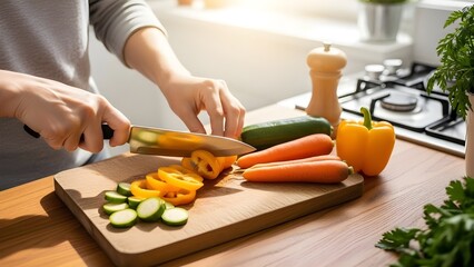 Close-up of fresh vegetables being chopped for a healthy dinner on a wooden cutting board in a sunlit kitchen.