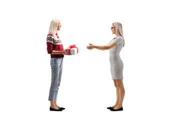 Fototapeta premium Young woman giving a present to a female friend