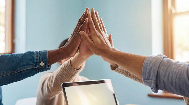 Diverse coworkers joining hands in a high five over a laptop in a bright modern office celebrating successful teamwork - Powered by Adobe