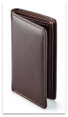 Stylish brown leather wallet standing upright, isolated on white
