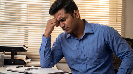 Stressed office worker sitting at desk with hand on forehead struggling with workload in corporate workplace environment