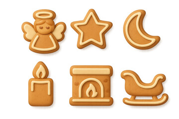 Obraz premium Charming cartoon cookie icons featuring angel, star, moon, candle, fireplace, and sleigh design for holiday decorations