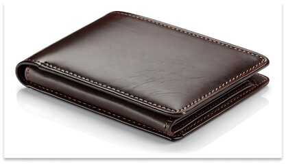 Brown leather bifold wallet with contrast stitching on white