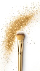 Golden makeup brush and sparkling glitter on a clean white backdrop