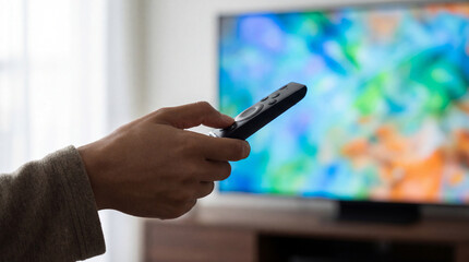 Person holding remote control and pointing at large television screen displaying colorful abstract blurred background in modern living room
