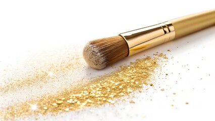 Golden makeup brush with sparkling glitter on white for beauty concept