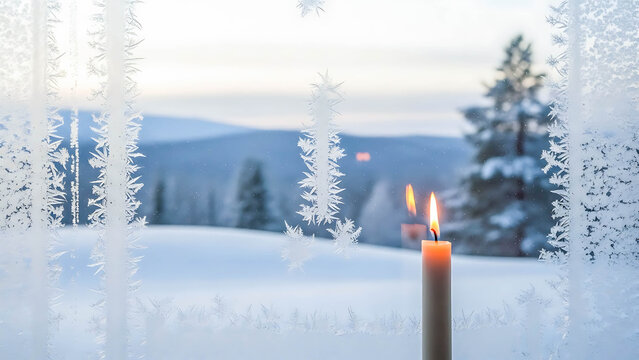 Candle flickering on windowsill with frost-covered glass in winter - Powered by Adobe