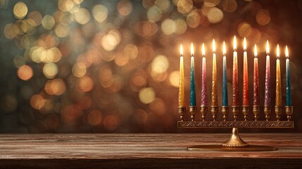 Vibrant Hanukkah celebration with colorful menorah and nebula background
