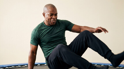 Middle aged man losing balance while exercising on mini trampoline indoors, active lifestyle, home fitness mishap, balance training