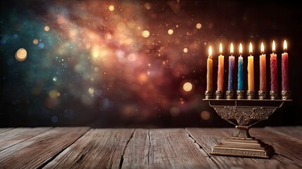 Vibrant Hanukkah menorah on rustic wood with colorful nebula background