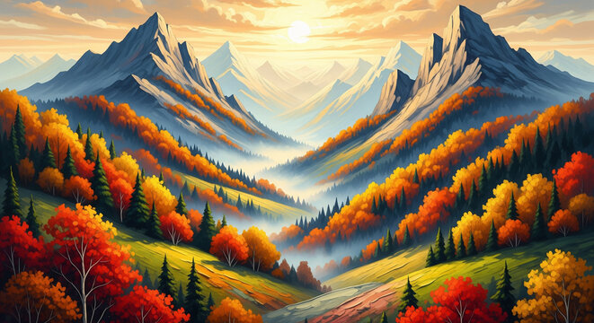 3D Autumn Mountain Landscape with Majestic Peaks, Colorful Trees, and Hazy Golden Sky, Wall Decor, 3D Relief Wallpaper, 3D Mural Wallpaper, 3D Wall Mural Design.