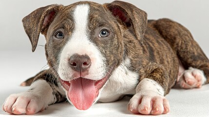 Excited brown puppy lying upside down with tongue out, isolated on white background 