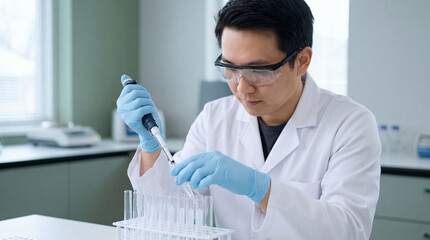 Scientist in protective glasses and gloves using micropipette to transfer liquid samples into test tubes in bright modern laboratory