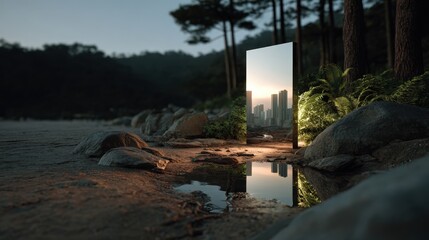 A compelling scene of a mirror set in a natural environment, reflecting a distant city skyline, symbolizing the contrast between the natural world and urban development in a thought-provoking manner.