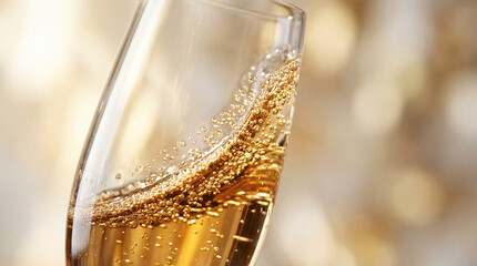 Close up of sparkling golden champagne in an elegant flute glass with rising bubbles against a warm festive bokeh background