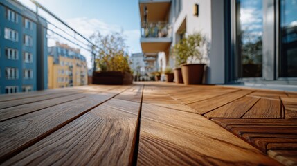 Fototapeta premium Wood tiles on a balcony floor, with pots and city buildings in the background. Perfect image for real estate, home improvement, or urban design projects.