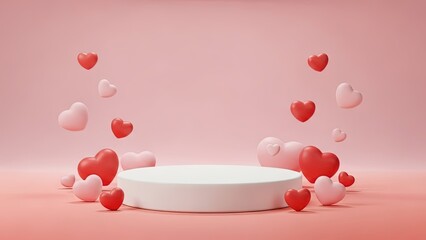 Pink podium with floating hearts for romantic product display.