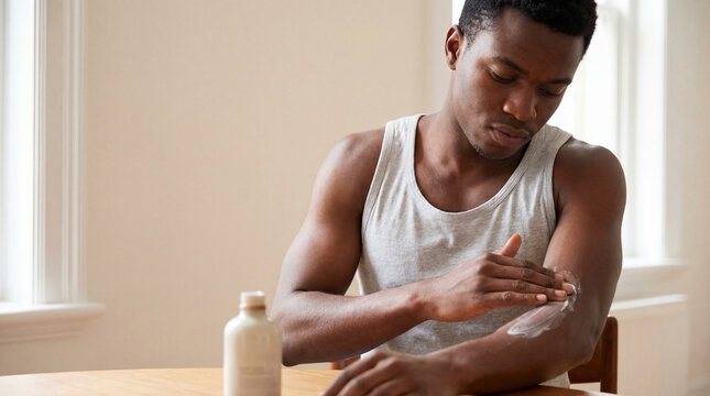 Moisturizing routine at home as young man applies soothing cream to his arm while sitting at a wooden table in soft natural daylight