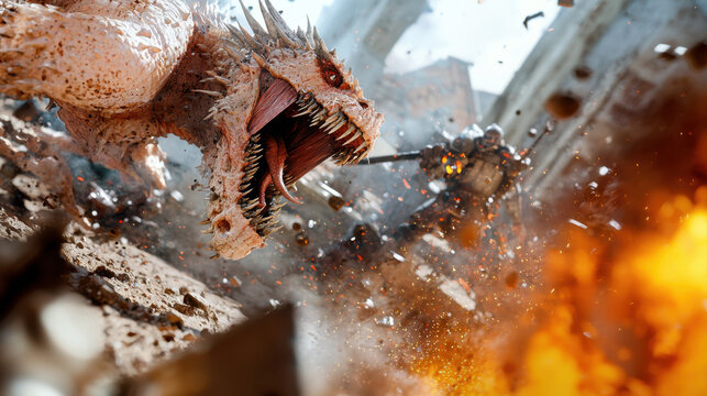 Knight battles mage while riding fierce skeletal dragon amidst fiery chaos and debris. intense scene captures clash of magic and might in fantasy setting