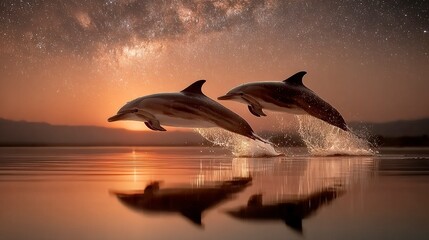 Fantasy ocean landscape with dolphins silhouetted against twilight and glowing horizon 