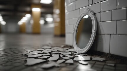 A haunting image of a broken mirror lying on the dirty floor of a deserted subway station, reflecting themes of loss, isolation, and the passage of time in an urban setting.
