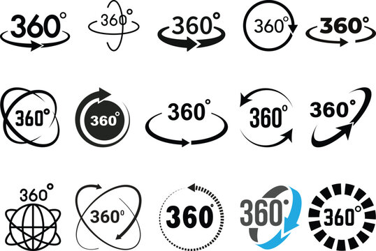 360 degrees vector icon set. Round signs with arrows rotation to 360 degrees. 360 degree complete angle or a full angle. 360 degrees logo, label, badge, symbol, banner, circle, black, line, isolated.