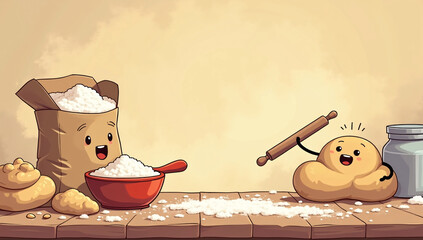 A whimsical vector illustration of baking ingredients including flour bags, rolling pins, and playful dough characters causing chaos in a bright kitchen scene
