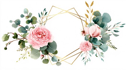 Elegant geometric gold frame decorated with pink peonies and eucalyptus leaves on white background