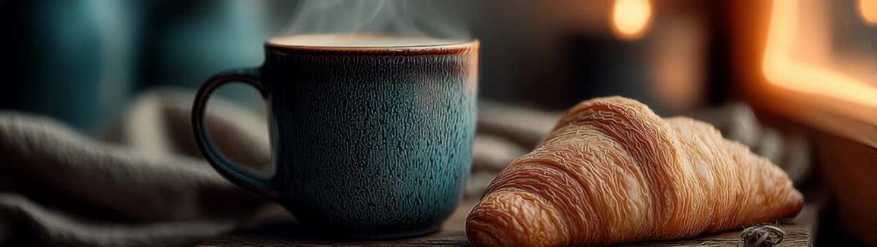 Steaming coffee in a ceramic mug with a delicious croissant on wooden table.