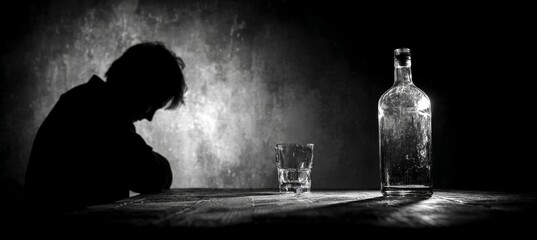Man depression on dark room with whiskey glass. Alcohol bad habit addiction. Generative AI technology.