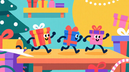 Fototapeta premium A playful flat vector illustration of gift boxes with tiny legs and expressive faces running away from a busy wrapping table in a bright holiday scene 