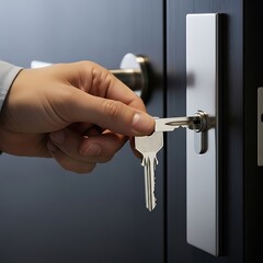 Hand Inserting Key into Door Lock for Security.