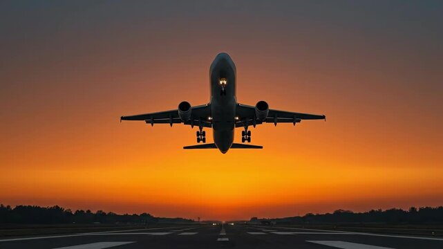 Aircraft taking off from airport runway at sunset. Airplane departing during evening flight, travel transportation concept.