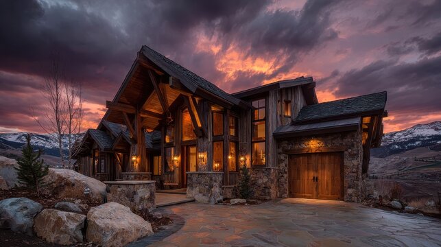 Luxury mountain home with rustic wood and stone, lit at sunset. Ideal for ads promoting real estate or vacation rentals.