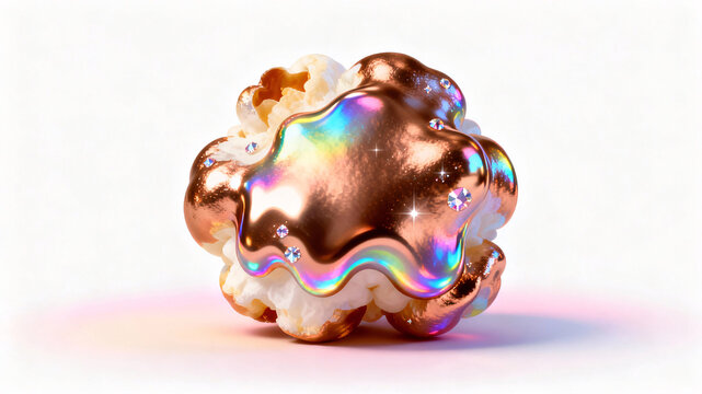 A highly detailed iridescent holographic clipart of a single rounded popcorn kernel with metallic bronze-chrome shading and glossy rainbow highlights
