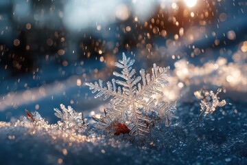 Close up shot of snowflake with frozen snow and bokeh lights. Perfect for winter themed projects, backgrounds, and holiday cards.