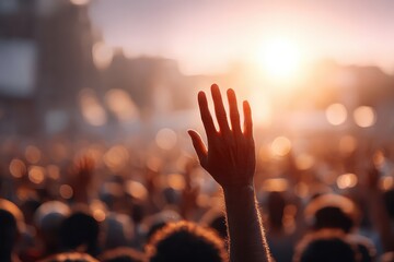 A raised hand amidst a crowd, bathed in golden sunlight during a concert. Use for concepts of unity, support, worship, or community involvement.