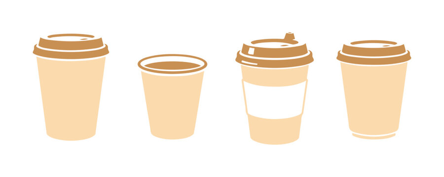 Collection of disposable coffee cups. A variety of paper cup types. Simple vector flat icons on a white background.
