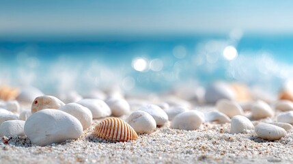 Serene beach scene with white stones and seashells on sandy shore