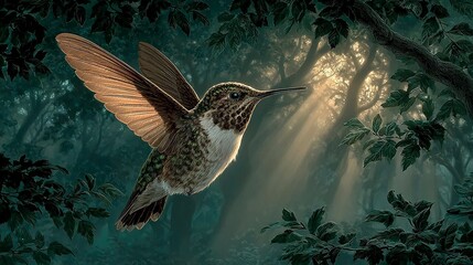 Fantasy-style digital art of a hummingbird soaring through a dense jungle canopy with soft sunlight filtering through  